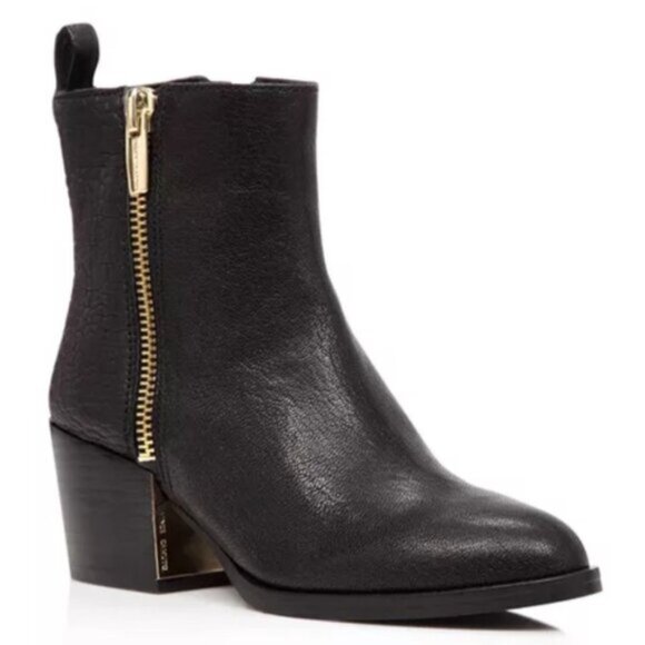 VINCE CAMUTO Imala Double Zip Mid Heel Booties Leather Moto Boots Punk Black 7 - Picture 1 of 16